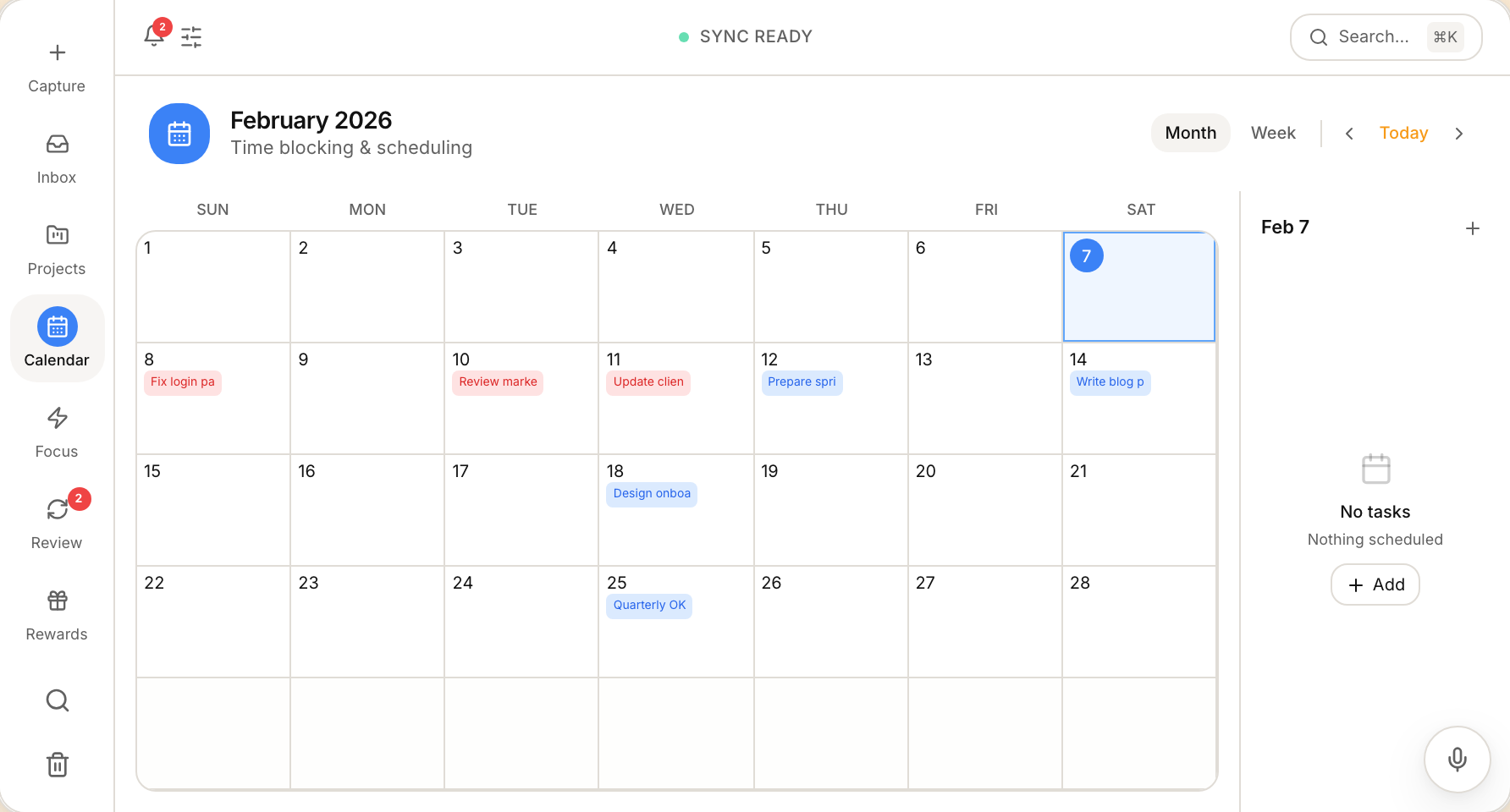 Calendar screen — time block scheduling