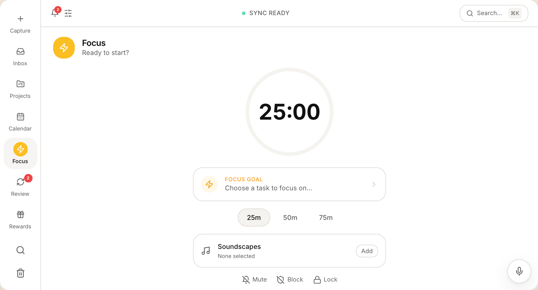 Focus screen — sprint timer with soundscapes