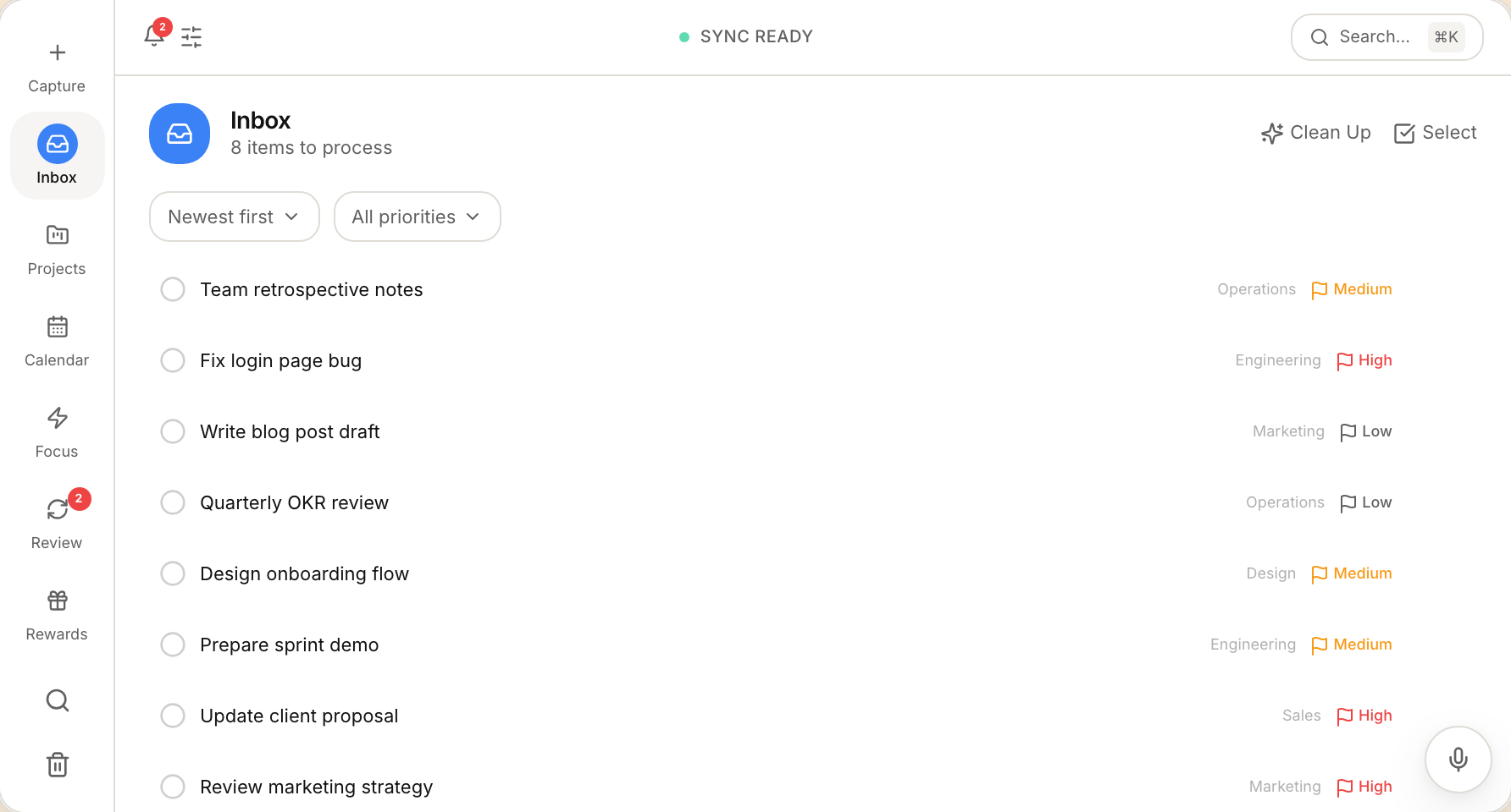 Inbox screen — process and clarify tasks