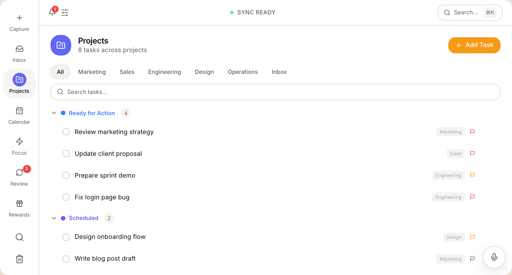 Projects screen — group tasks by status