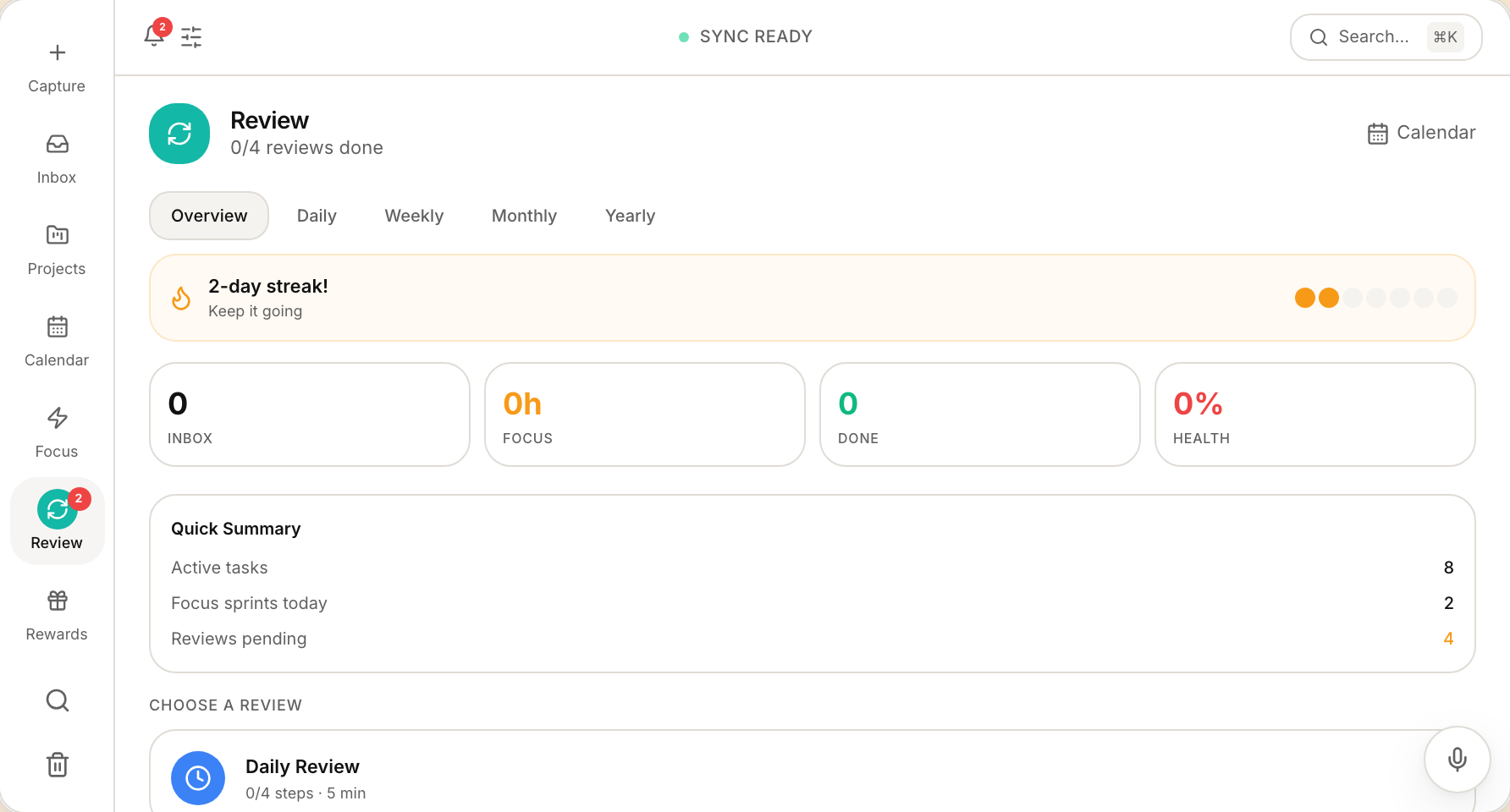 Review screen — daily, weekly, monthly reviews