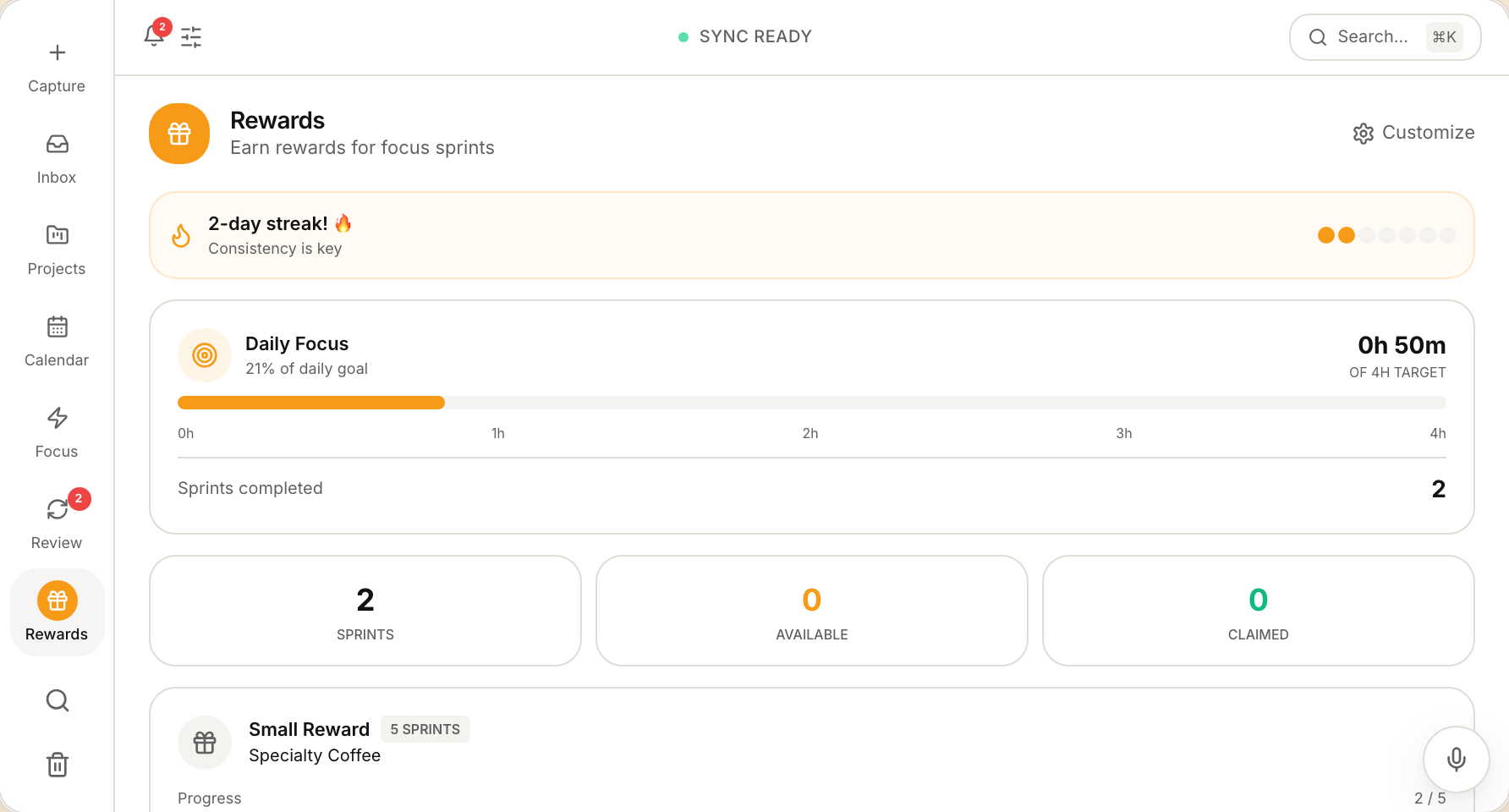 Rewards screen — celebrate completed wins